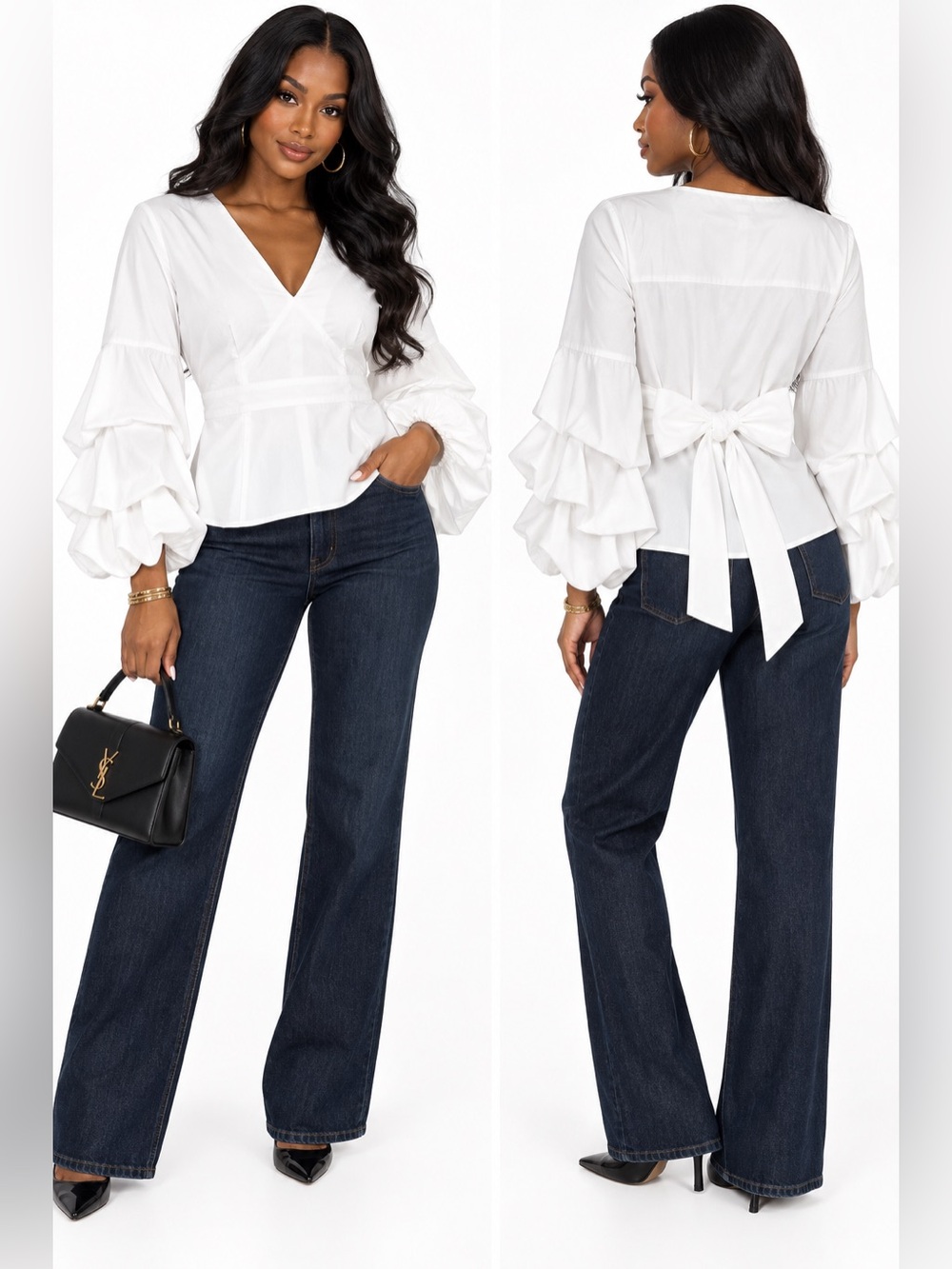 7th Avenue New York & Company White Tie Back
Ruffle Sleeve Blouse Size S